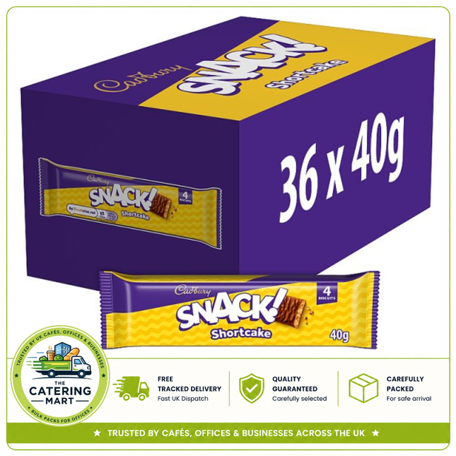 Cadbury Snack Shortcake Milk Chocolate Biscuits wholesale case containing 36 x 40g individually portioned chocolate biscuit bars