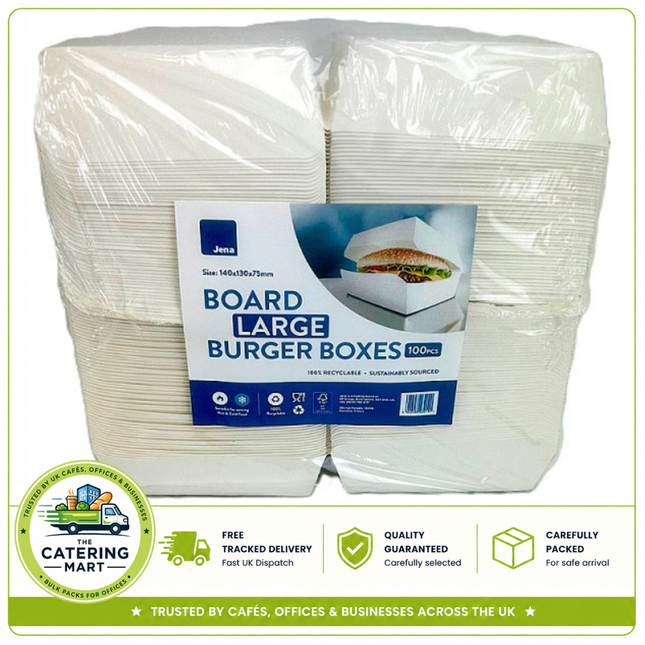 100 large 140 x 130 x 75mm burger boxes for wholesale takeaway and restaurant food packaging
