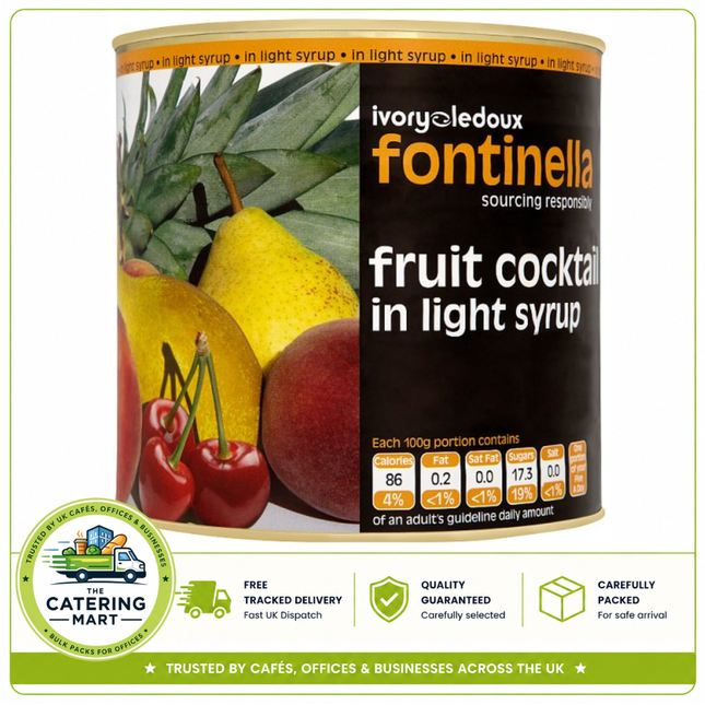 Fontinella Fruit Cocktail in Light Syrup 2.60kg wholesale catering can containing peach, pear, pineapple, grapes and cherries