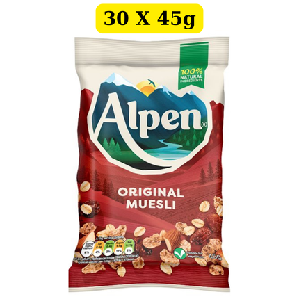 Alpen Original Muesli Breakfast Cereal 45g individual portion sachet with wholegrain wheat, rolled oats, raisins and roasted nuts