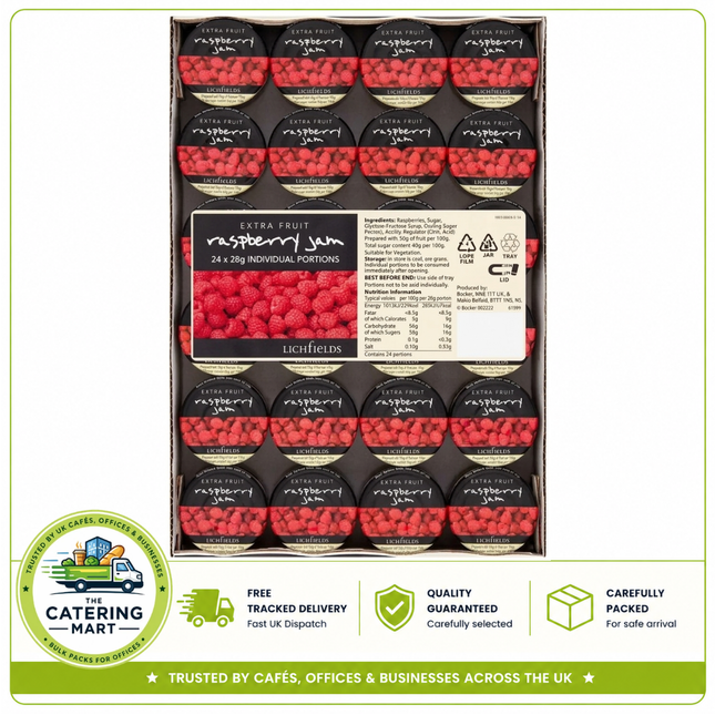 Lichfields Extra Fruit Raspberry Jam 24 x 28g individual portions, 672g pack of single-serve raspberry jam for hotel breakfasts, cafés, buffets and catering.
