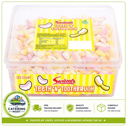 Swizzels Teeth 'n' Toothbrush 120 count sweet tub containing colourful tooth and toothbrush shaped sweets