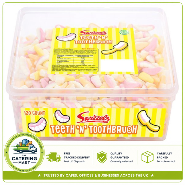 Swizzels Teeth 'n' Toothbrush 120 count sweet tub containing colourful tooth and toothbrush shaped sweets