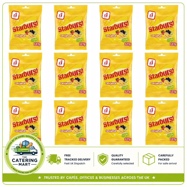 Starburst Vegan Chewy Fruit Flavour Sweets wholesale case containing 12 x 127g pouches