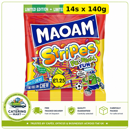 MAOAM Limited Edition Football Fun Stripes wholesale case containing 14 x 140g bags of football-themed chewy sweets