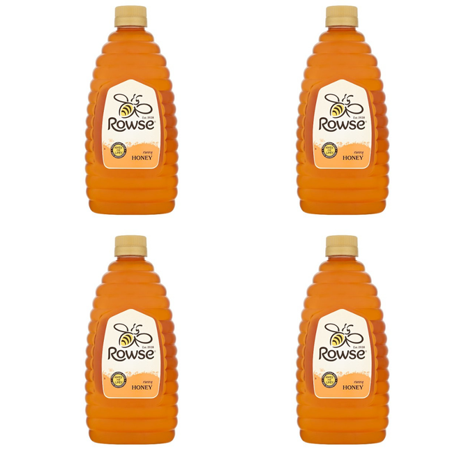 Rowse Runny Honey wholesale case containing 4 x 1.36kg packs of smooth pourable honey for toast, porridge, pancakes, waffles, baking, desserts and professional kitchens