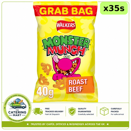 Walkers Monster Munch Roast Beef Snacks wholesale case containing 35 x 40g grab bags