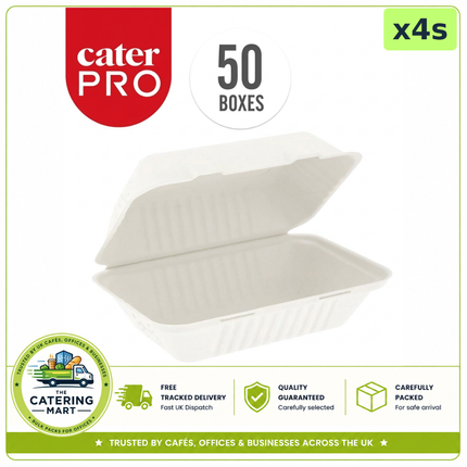 CaterPro Bagasse Food Boxes with Hinged Lids 229 x 152mm wholesale case containing 4 packs of 50 boxes