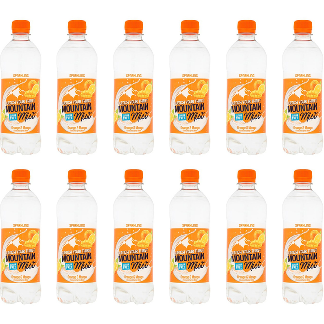 Mountain Mist Orange and Mango Flavoured Sparkling Spring Water wholesale case containing 12 x 500ml bottles.