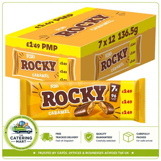 Fox's Rocky Caramel Biscuit Bars 7 bar multipack wholesale case containing 12 x 136.5g packs