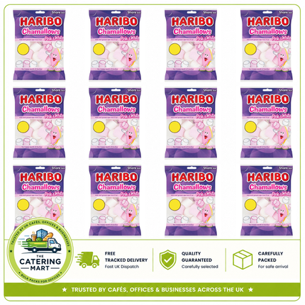 HARIBO Chamallows Pink & White wholesale case containing 12 x 140g sharing bags of soft fluffy marshmallows