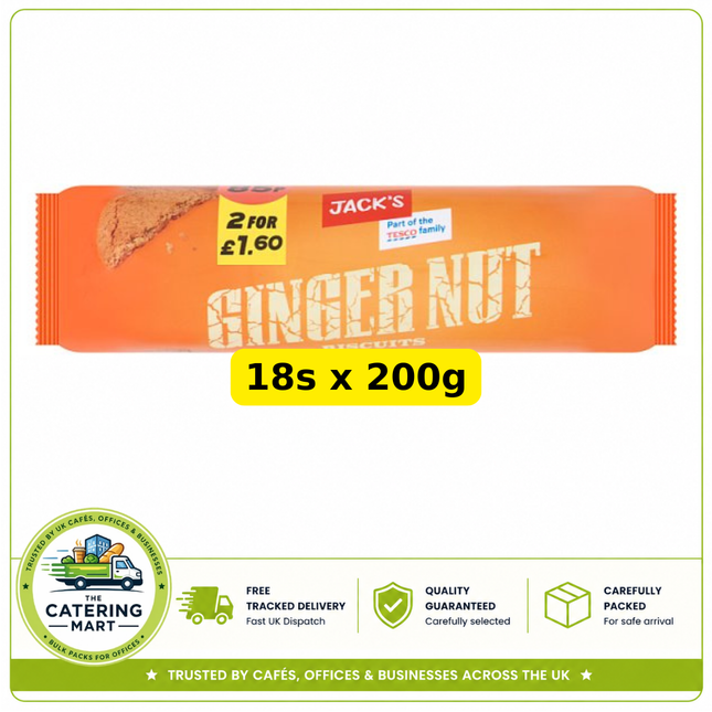 Jack's Ginger Nut Biscuits wholesale case containing 18 x 200g packs of crunchy ginger biscuits