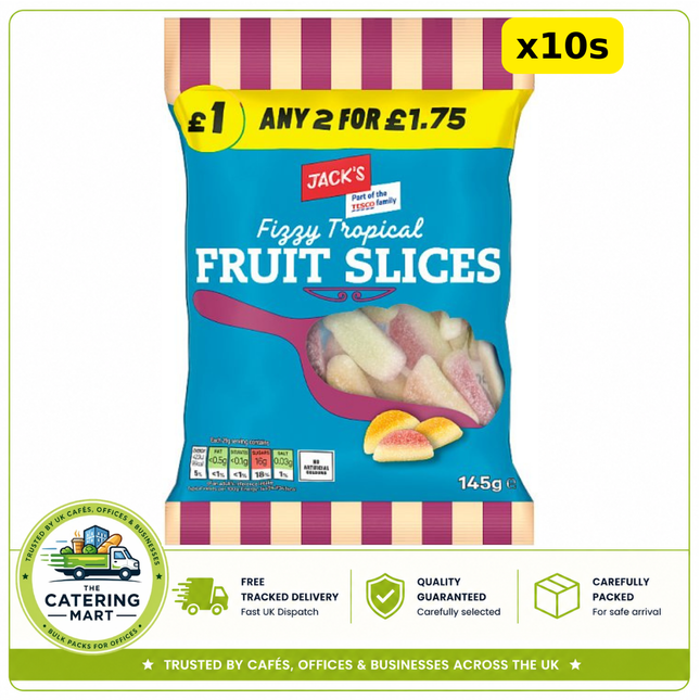 Jack's Fizzy Tropical Fruit Slices 10 x 145g wholesale case of colourful fizzy tropical fruit sweets