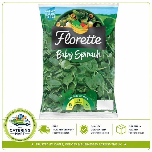 Florette Baby Spinach 320g pack of fresh tender baby spinach leaves for salads, sandwiches, pasta, pizzas and catering