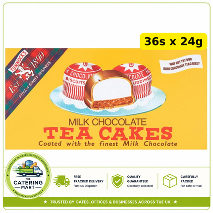 Tunnock's Milk Chocolate Tea Cakes wholesale case containing 36 individually wrapped 24g chocolate tea cakes