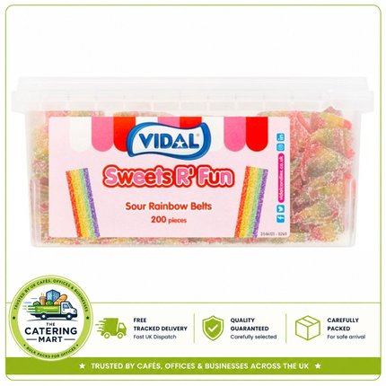 Vidal Sweets R' Fun Sour Rainbow Belts 200 pieces 1.3kg pack of colourful chewy sour rainbow belt sweets