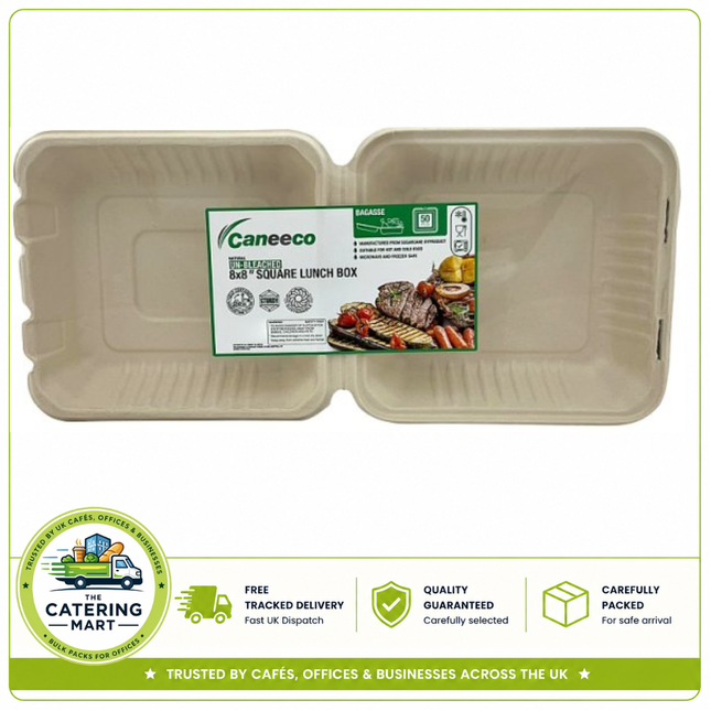 Caneeco 50 natural unbleached 8 x 8 inch square lunch boxes for wholesale takeaway packaging