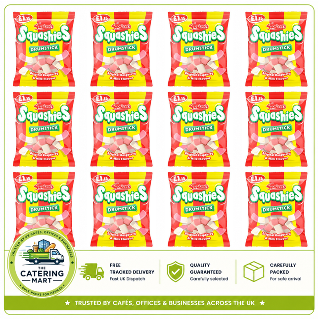 Swizzels Squashies Original Raspberry and Milk wholesale case containing 12 x 120g bags of soft chewy sweets