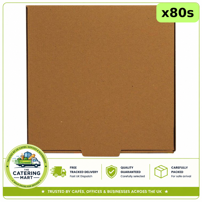 JR Foods 12 inch plain brown pizza boxes supplied in a wholesale case of 80