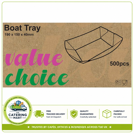 Value Choice Boat Trays 500 pack 190 x 150 x 40mm for chips, fries and takeaway food