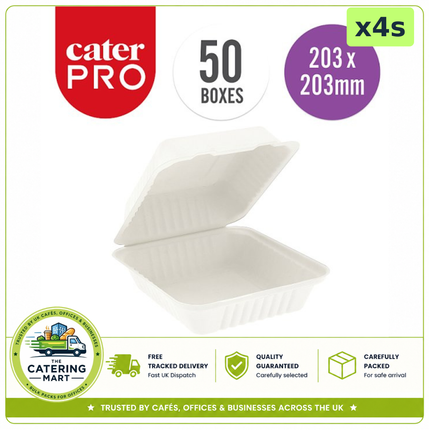 CaterPro 4 x 50 bagasse food boxes with hinged lids 203 x 203mm for bulk wholesale takeaway packaging