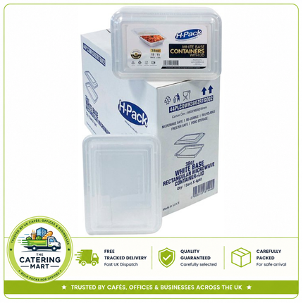 15 x 38oz white rectangular microwave food containers with lids for wholesale catering
