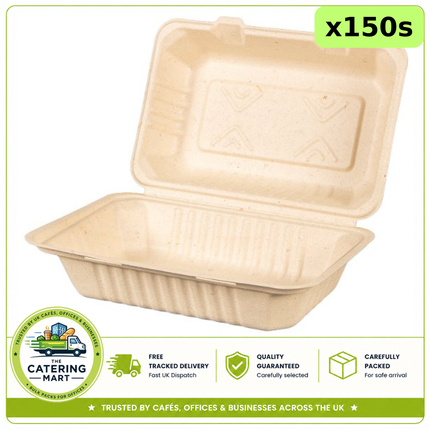 150 H-PACK Plant Fibre 9x6 meal boxes for takeaway meals and wholesale catering food packaging