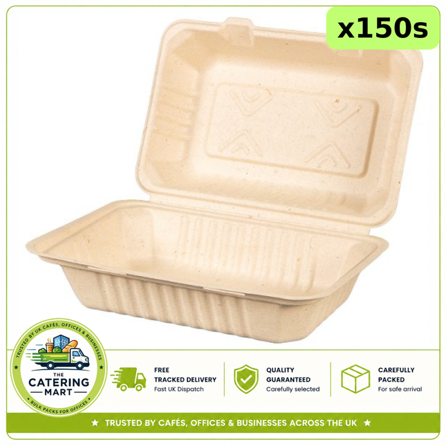 150 H-PACK Plant Fibre 9x6 meal boxes for takeaway meals and wholesale catering food packaging