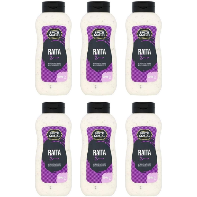 Spice Magic Raita wholesale case containing 6 x 930g packs of creamy cooling raita for curries, biryani, kebabs, grilled meats and professional kitchens