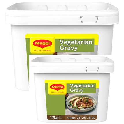Maggi Professional Vegetarian Gravy wholesale case containing 2 x 1.7kg packs of rich savoury vegetarian gravy for roast vegetables, vegetarian roasts, pies and professional kitchens