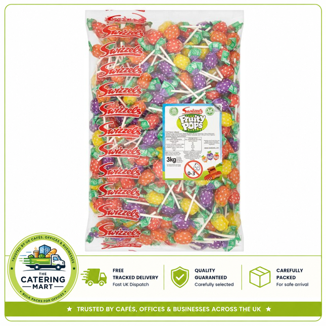 Swizzels Fruity Pops bulk bag containing 3kg of individually wrapped fruit flavoured lollipops