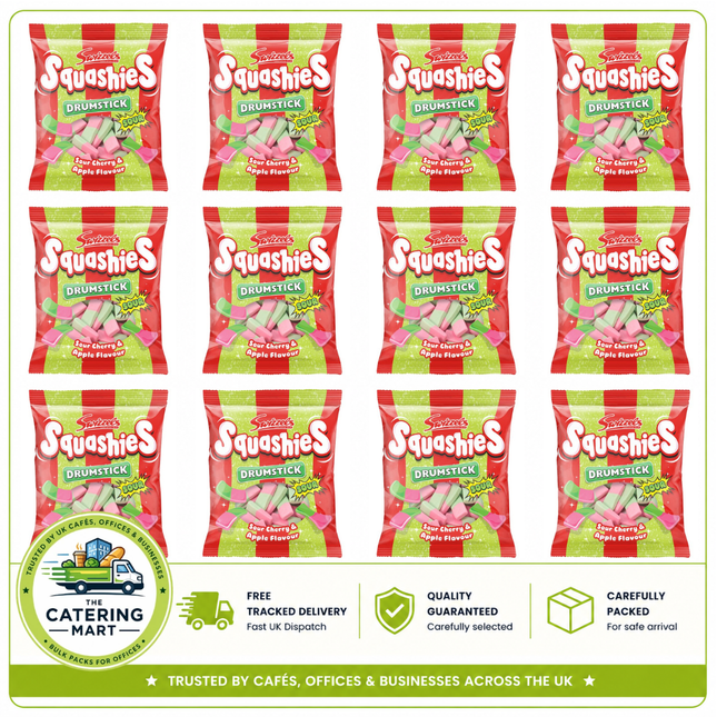 Swizzels Squashies Sour Cherry and Apple wholesale case containing 12 x 140g bags of soft chewy sweets
