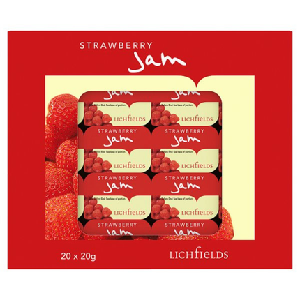 Lichfields Strawberry Jam 20 x 20g individual portions, 400g pack of single-serve strawberry jam for hotel breakfasts, cafés, buffets and catering