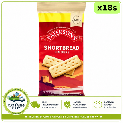 Paterson's Shortbread Fingers wholesale case containing 18 price marked 150g packs of buttery Scottish shortbread biscuits