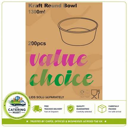 Value Choice 1300ml Kraft Round Bowls 200 pack for takeaway meals and foodservice packaging