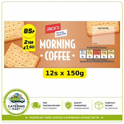 Jack's Morning Coffee Biscuits wholesale case containing 12 x 150g packs of classic crisp sweet biscuits