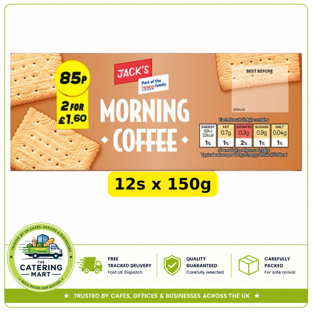 Jack's Morning Coffee Biscuits wholesale case containing 12 x 150g packs of classic crisp sweet biscuits
