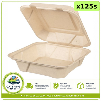 125 H-PACK Plant Fibre 9x9 meal boxes for takeaway meals and wholesale catering food packaging