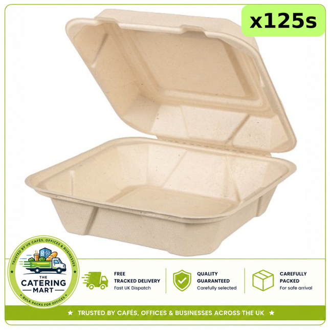 125 H-PACK Plant Fibre 9x9 meal boxes for takeaway meals and wholesale catering food packaging
