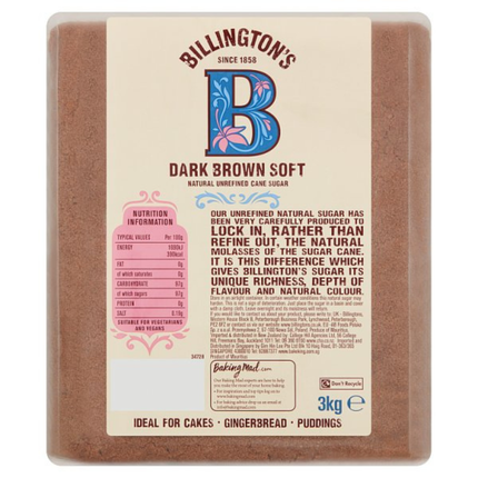 Billington's Dark Brown Soft Natural Unrefined Cane Sugar 3kg wholesale catering pack of rich soft brown cane sugar