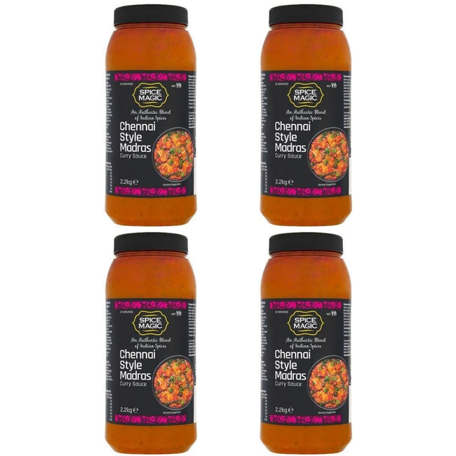 Spice Magic Chennai Madras wholesale case containing 4 x 2.2kg packs of richly flavoured Madras curry sauce for chicken, lamb, beef, vegetables and professional kitchens