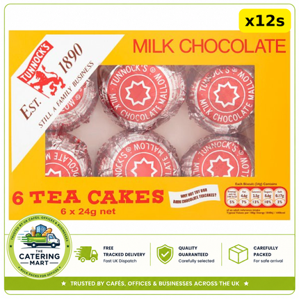 Tunnock's Milk Chocolate Tea Cakes wholesale case containing 12 x 24g individually wrapped chocolate tea cakes