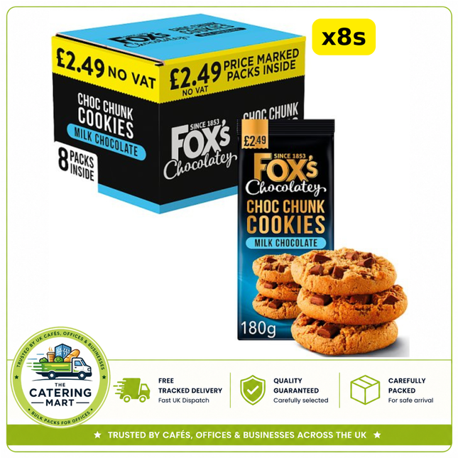 Fox's Chocolatey Choc Chunk Cookies with Milk Chocolate wholesale case containing 8 x 180g packs