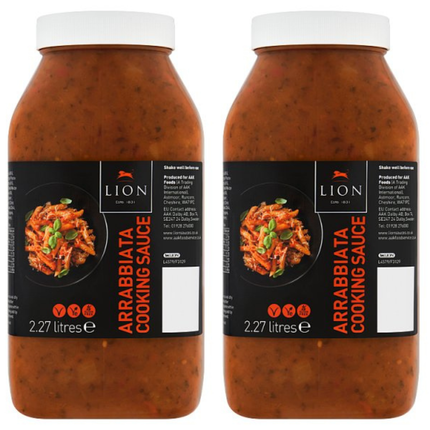 Lion Arrabbiata Cooking Sauce wholesale case containing 2 x 2.27 litre packs of spicy Italian-style tomato sauce for pasta, pizza and professional kitchens
