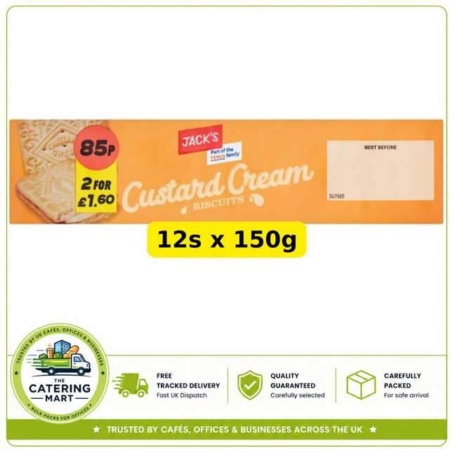 Jack's Custard Creams wholesale case containing 12 x 150g packs of classic sandwich biscuits with vanilla cream filling