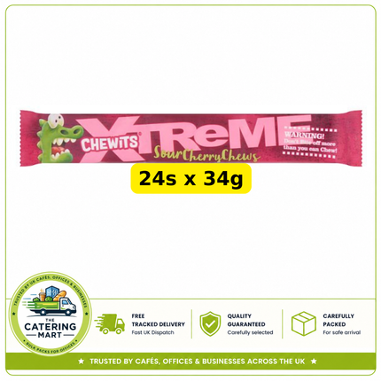 Chewits Extremely Sour Cherry Chews wholesale case containing 24 individual 34g packs
