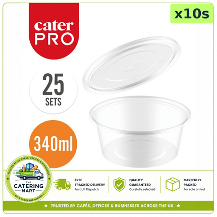 CaterPro 10 x 25 plastic PP deli pots with lids 340ml for bulk wholesale food packaging