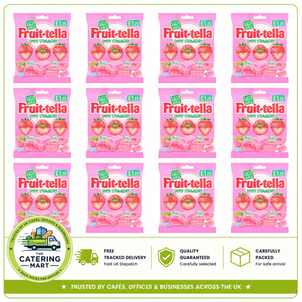 Fruit-tella Simply Strawberry wholesale case containing 12 x 135g bags of individually wrapped strawberry-flavoured chewy sweets