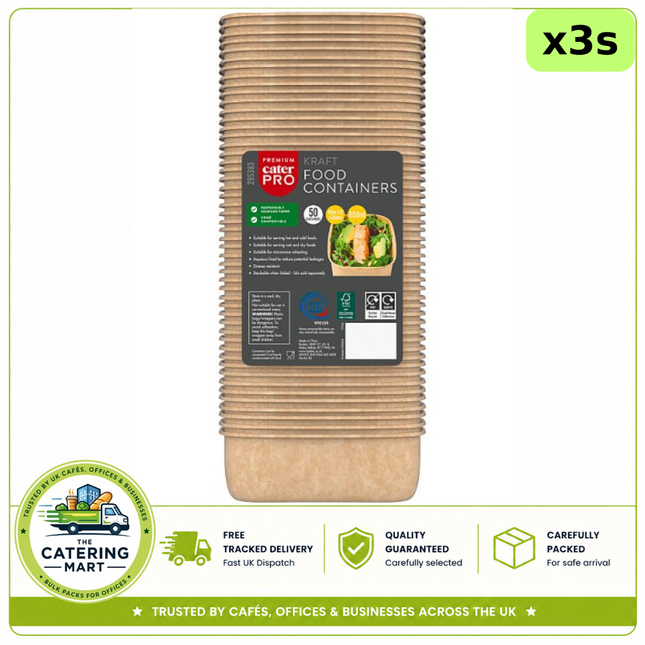 CaterPro Premium 3 x 50 kraft food containers 650ml, 150 containers for takeaway and catering