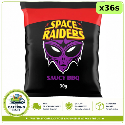 Space Raiders Saucy BBQ Crisps wholesale case containing 36 x 30g individual snack packs